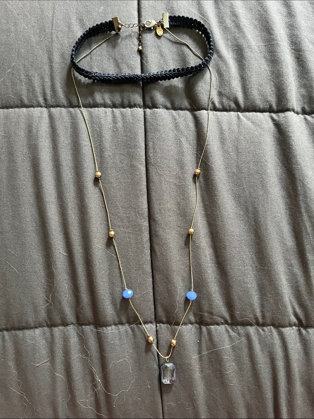 Delicate Navy Choker with Blue Beaded Pendant Necklace